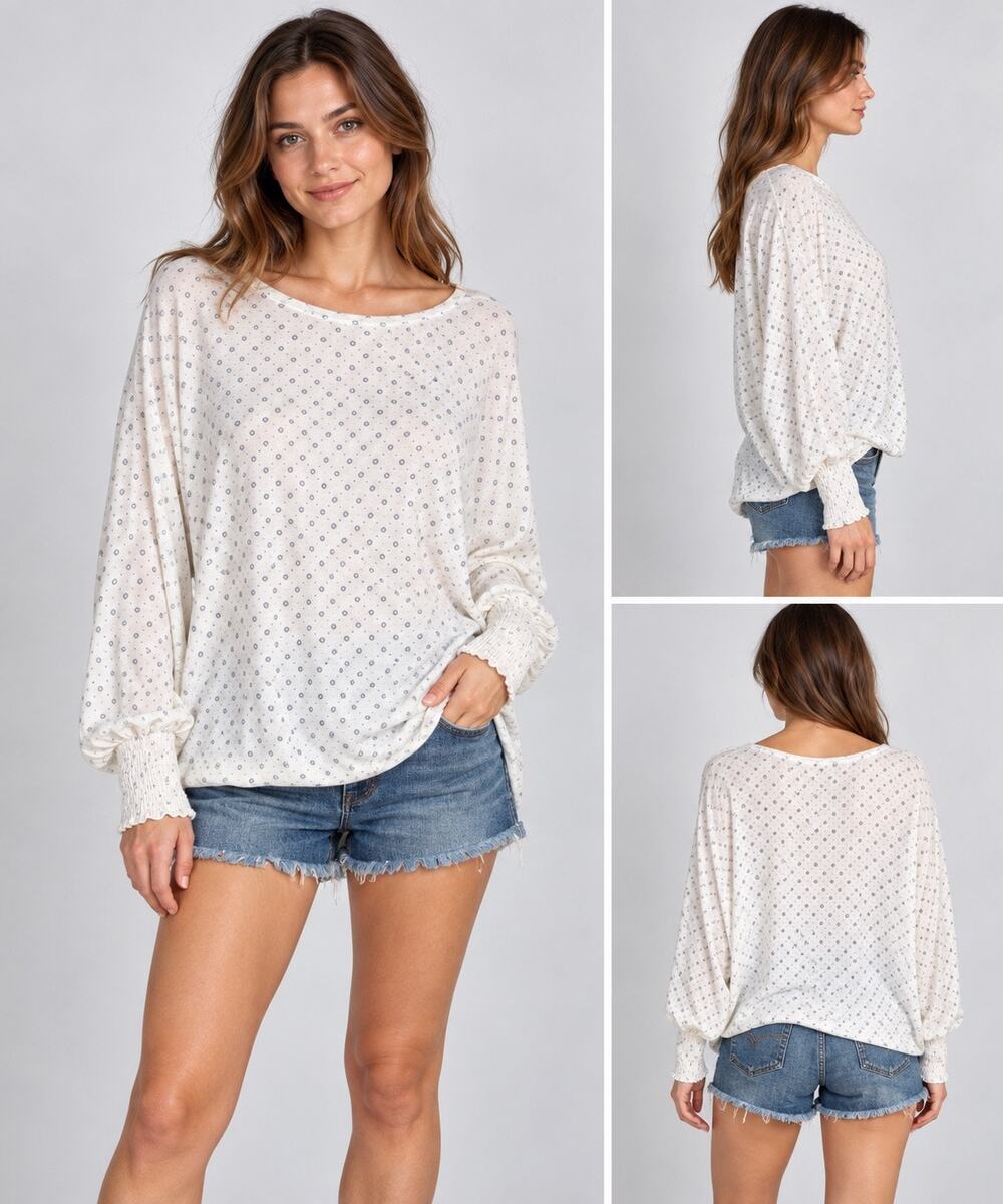 Lucky Brand Womens Sweater Pullover Luxuriously Soft Smocked Geo Print White